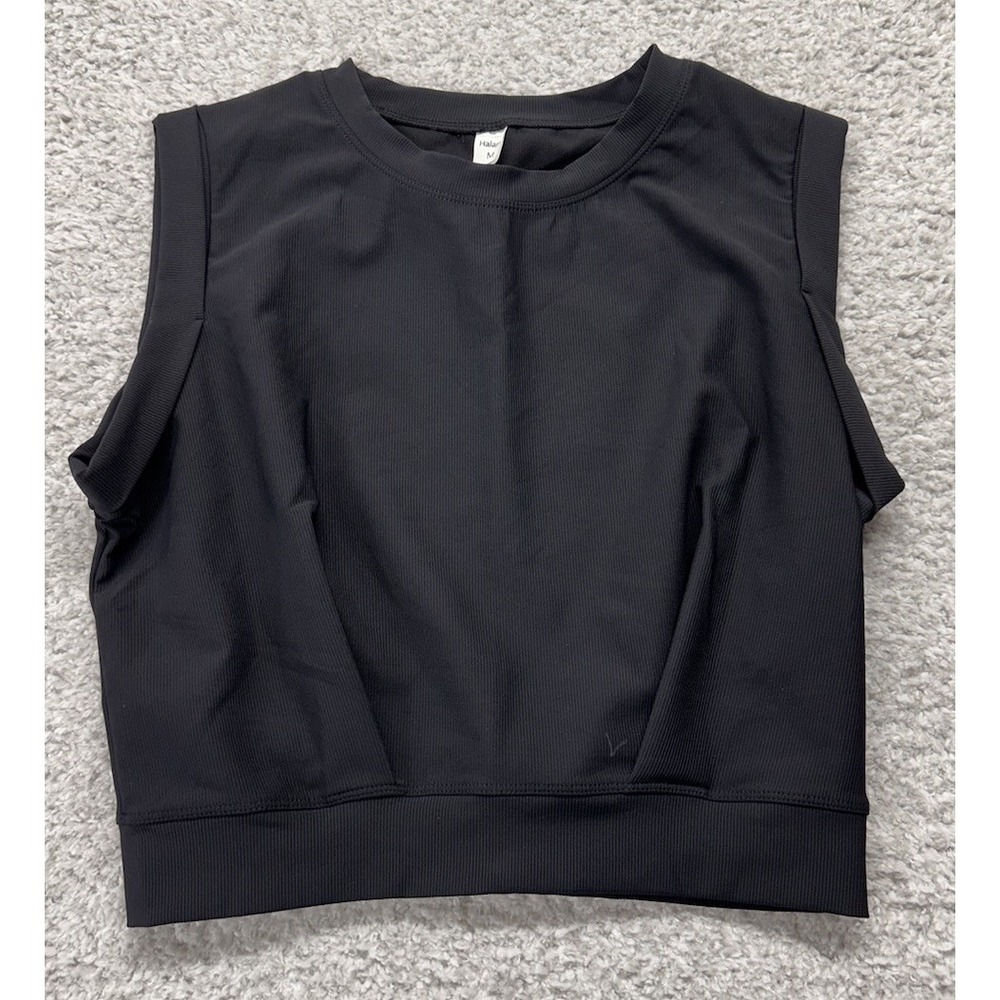 Halara Crew Neck Cropped Tank Top Womens Medium Black Yoga Ribbed Muscle New‎